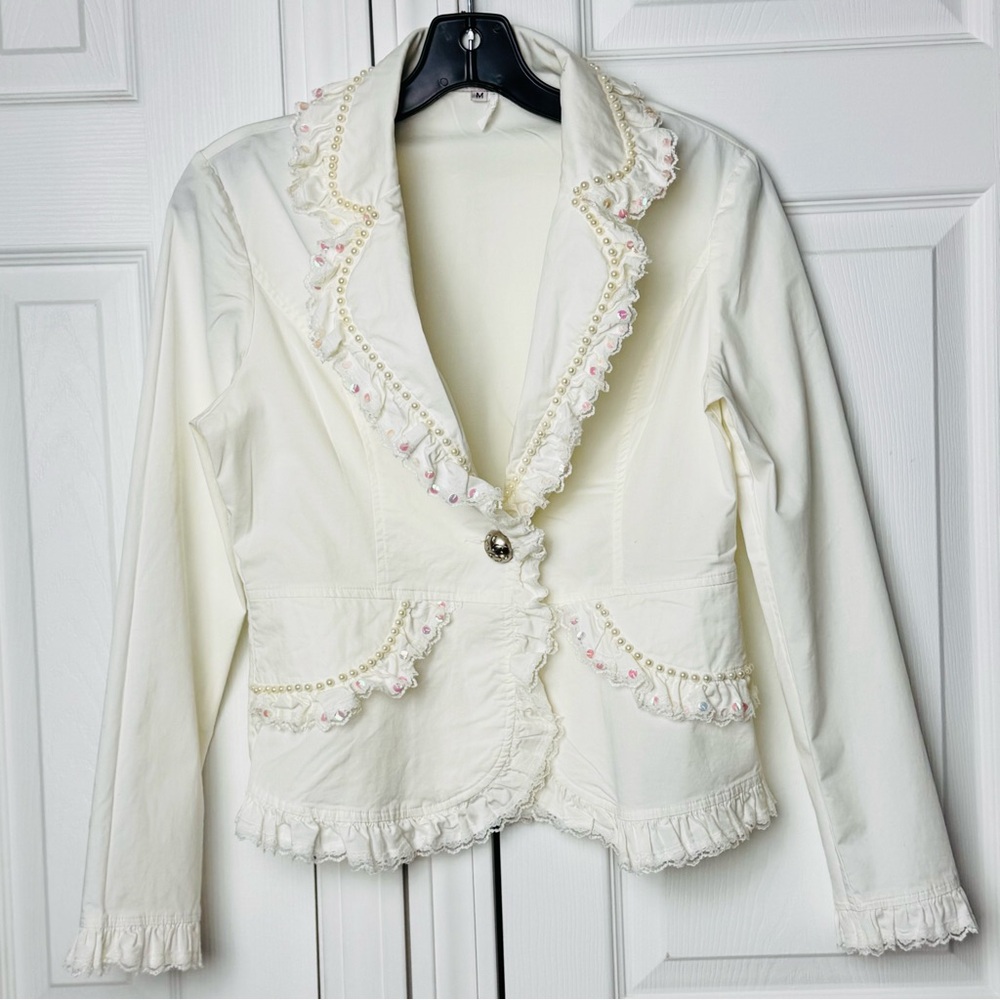 Kelly USA Vintage Ivory Pearl Trim Ruffle Blazer Cottagecore Jacket Size Medium - Picture 13 of 13